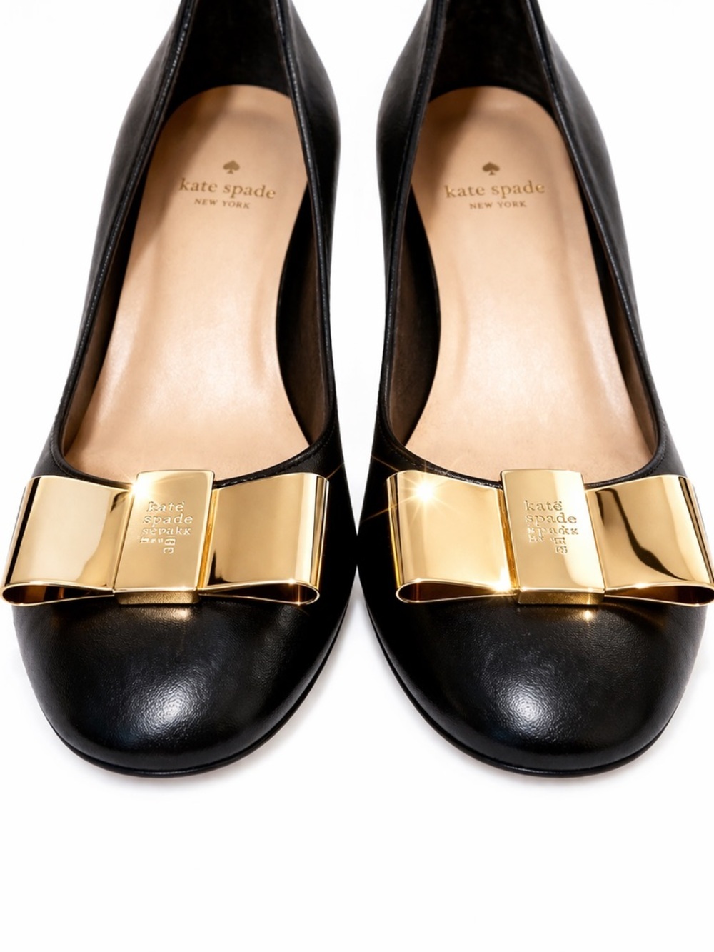 Kate Spade Y2K Black Leather Gold Bow Block Heel Pumps Size 6.5 Classic Preppy - Picture 3 of 8
